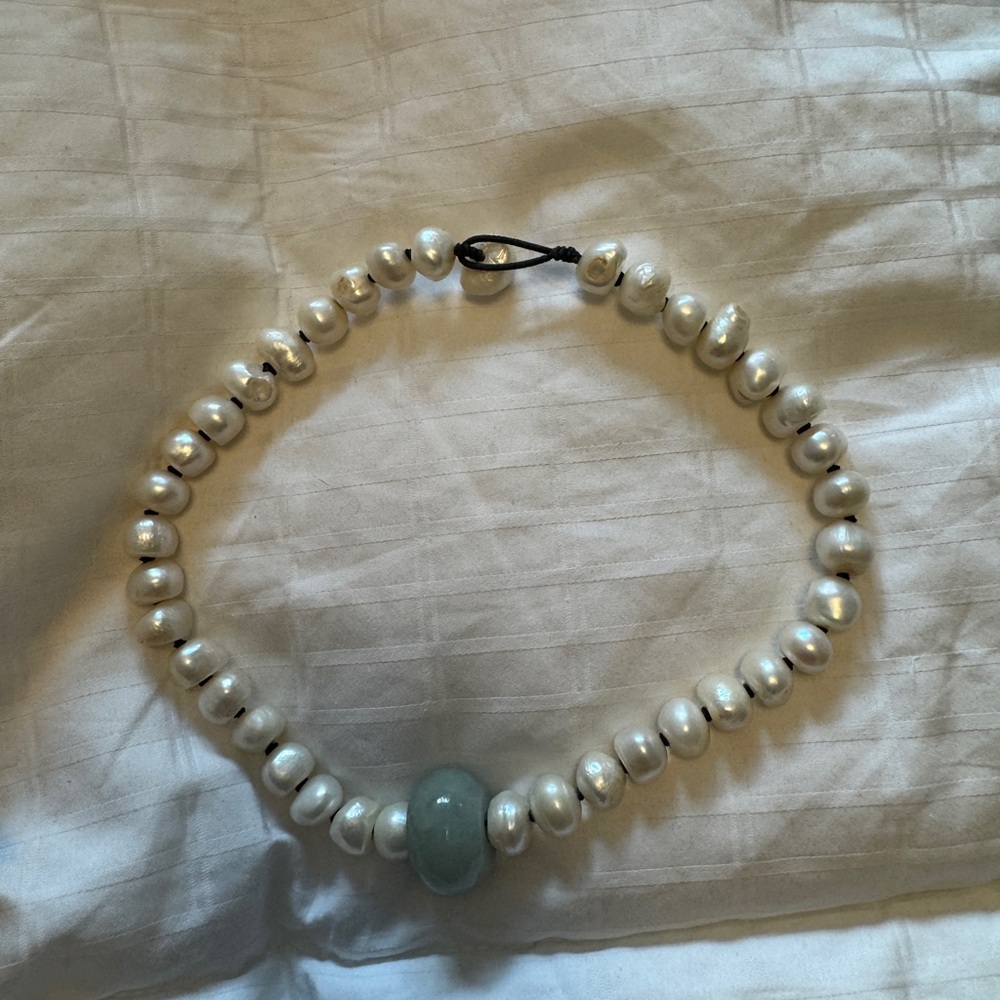 Elegant Pearl Necklace with Blue Gemstone